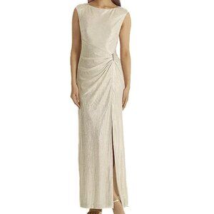 Ralph Lauren Black Label Metallic Jersey Gown Ruched Maxi Rhinestone Sz 10 NWOT